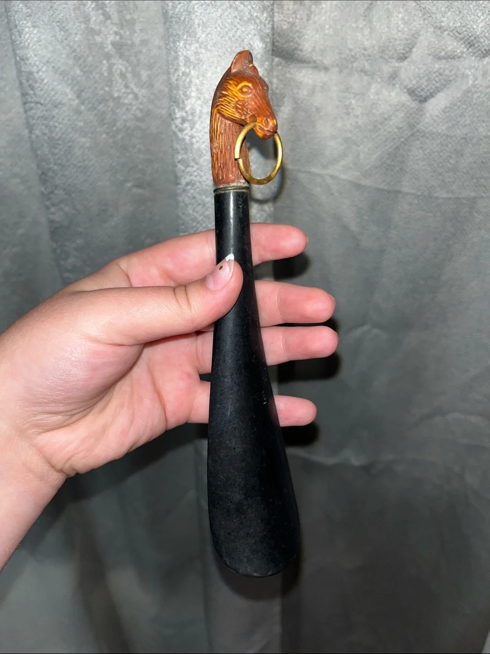 Vintage Handheld Black Shoe Horn with Brown horse Head Handle